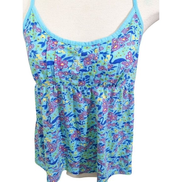 Womens Y2K Babydoll Cami Top Size L Blue Flowers Flamingos Dainty Cottage Fairy - Picture 5 of 7